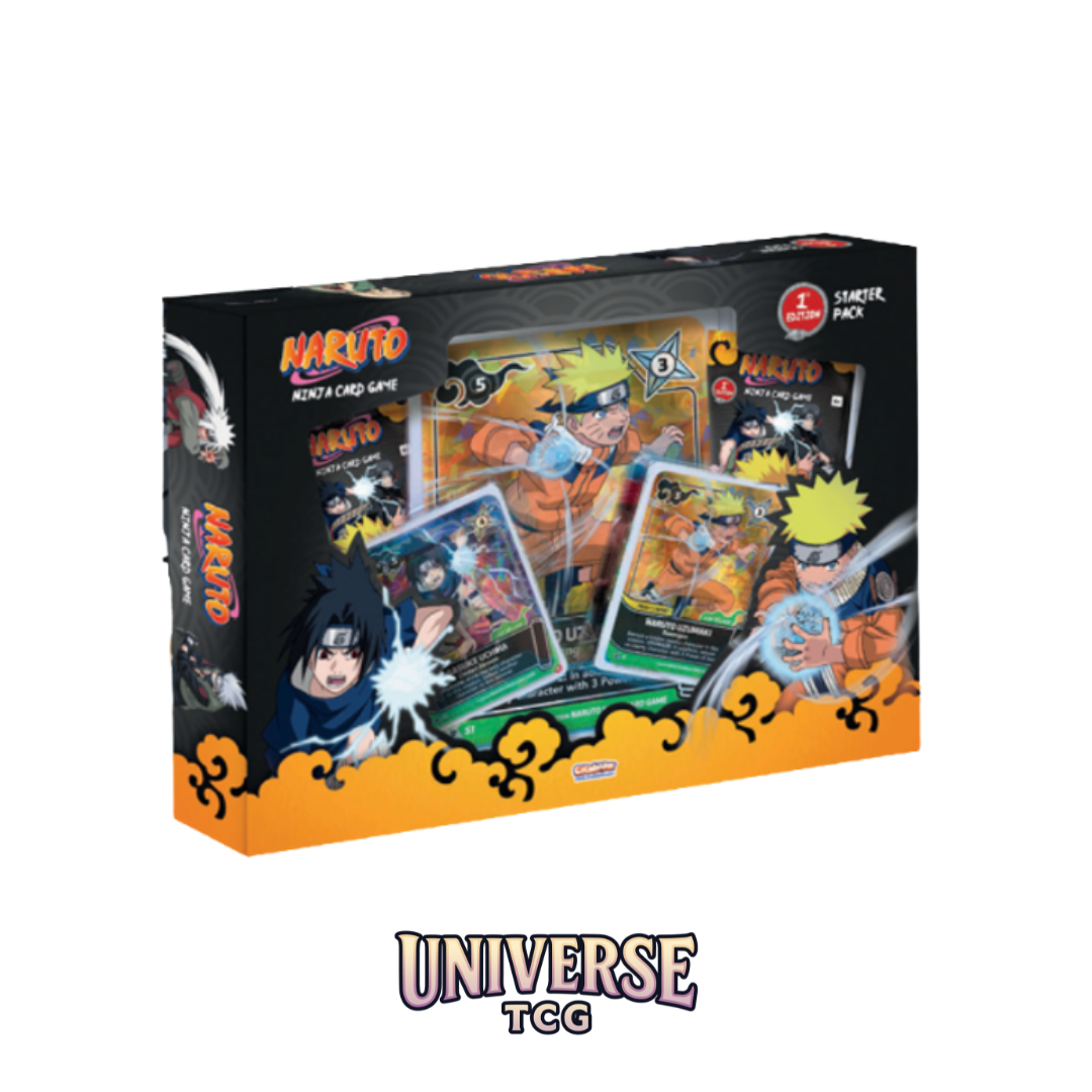 Naruto trading card game box with character illustrations on a white background